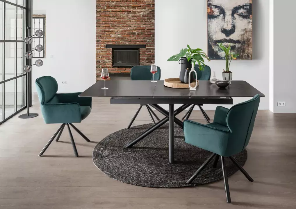 Indoormöbelset Sessel Rimini dunkelgrün und Ausziehtisch Imperia dark grey