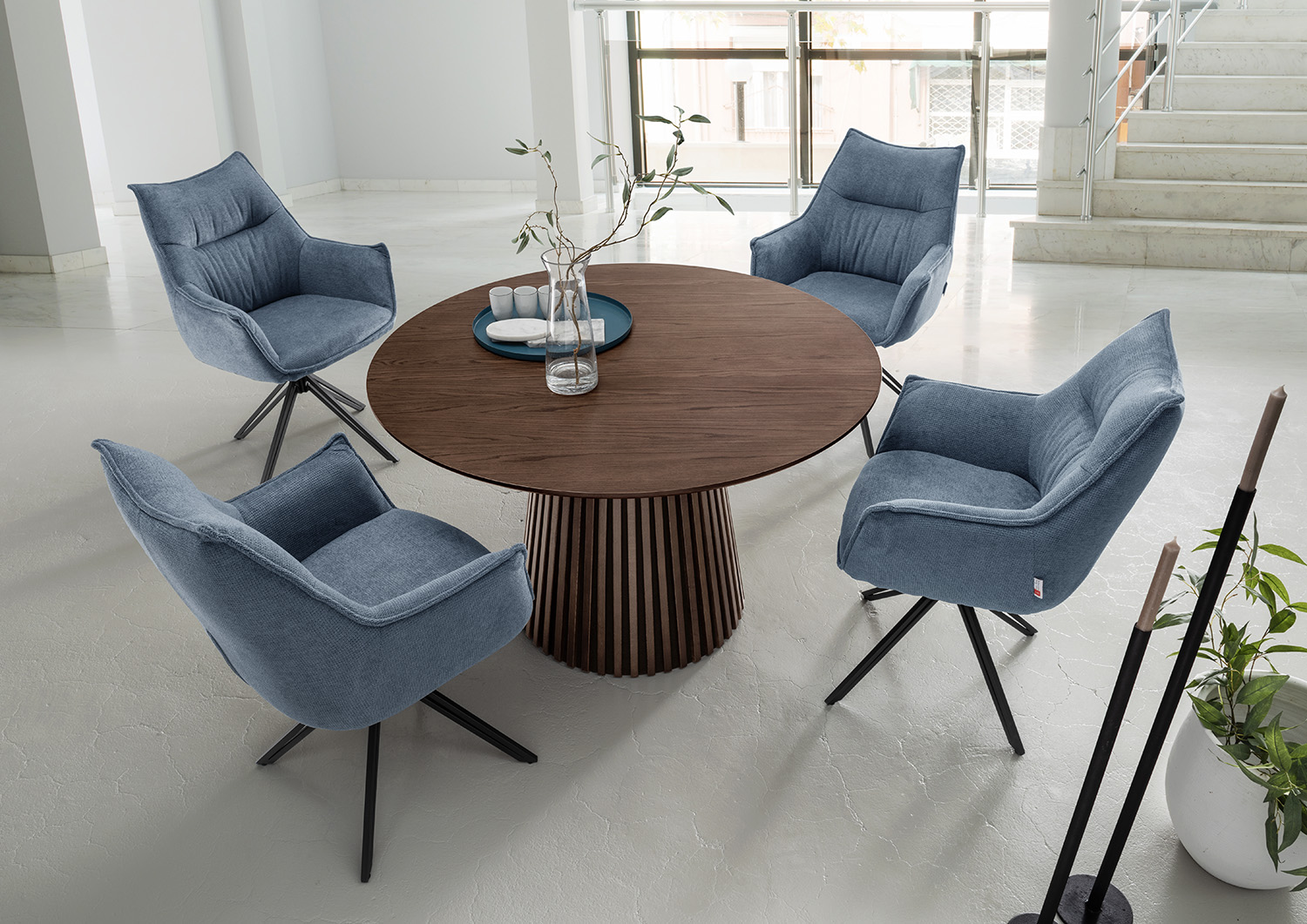 Esszimmer Set  Ginosa blau & Tisch Barletta smoked oak rund 120cm günstig online kaufen